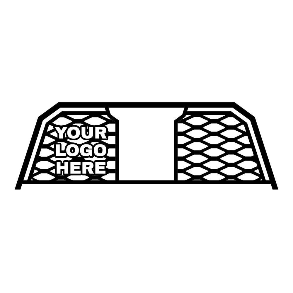 Custom logo headache rack with grate pattern insert, window opening, and cargo camera mod