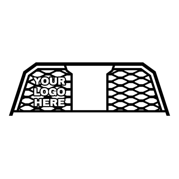 Custom logo headache rack with grate pattern insert, window opening, and cargo camera mod