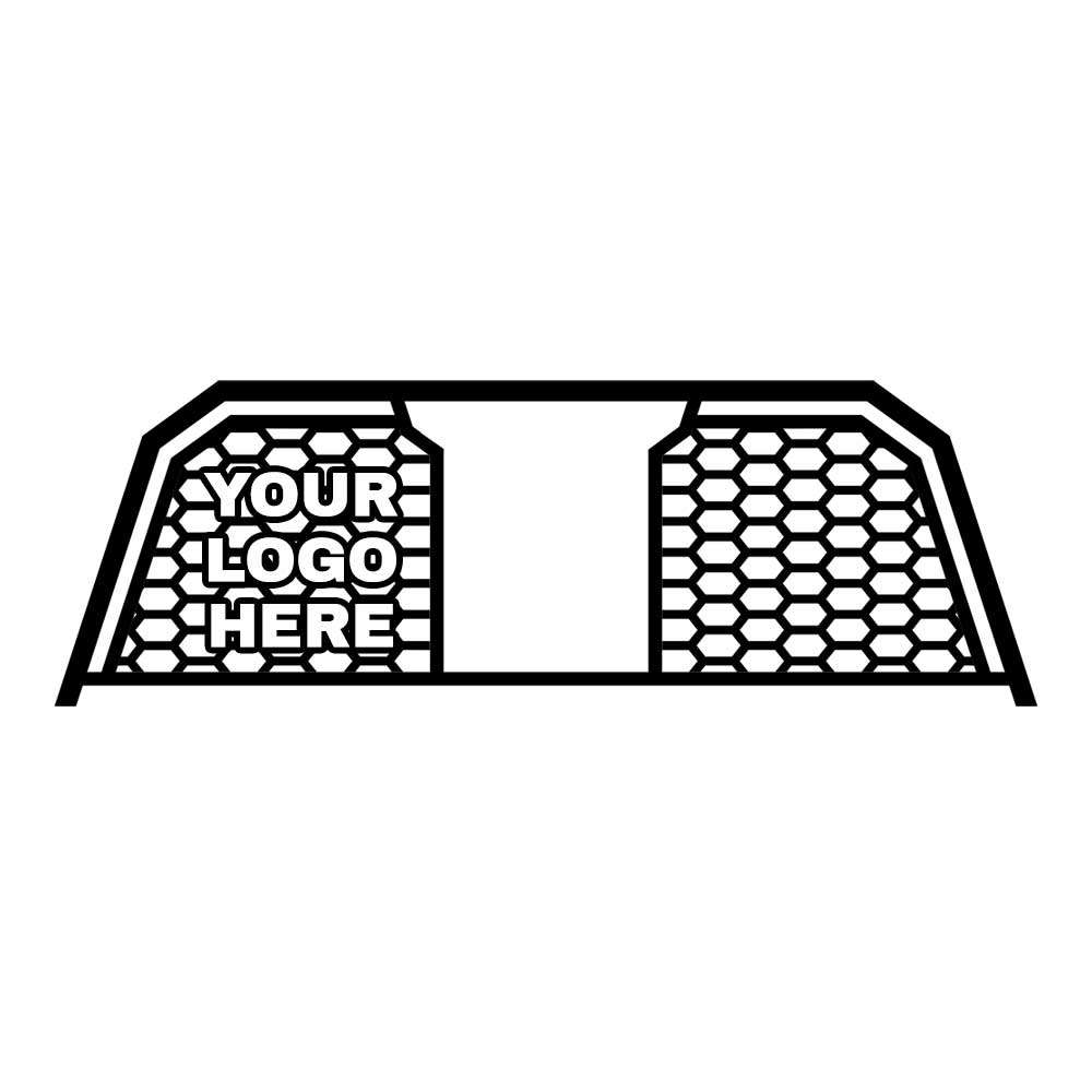 Custom logo headache rack with honeycomb pattern insert, window opening, and cargo camera mod