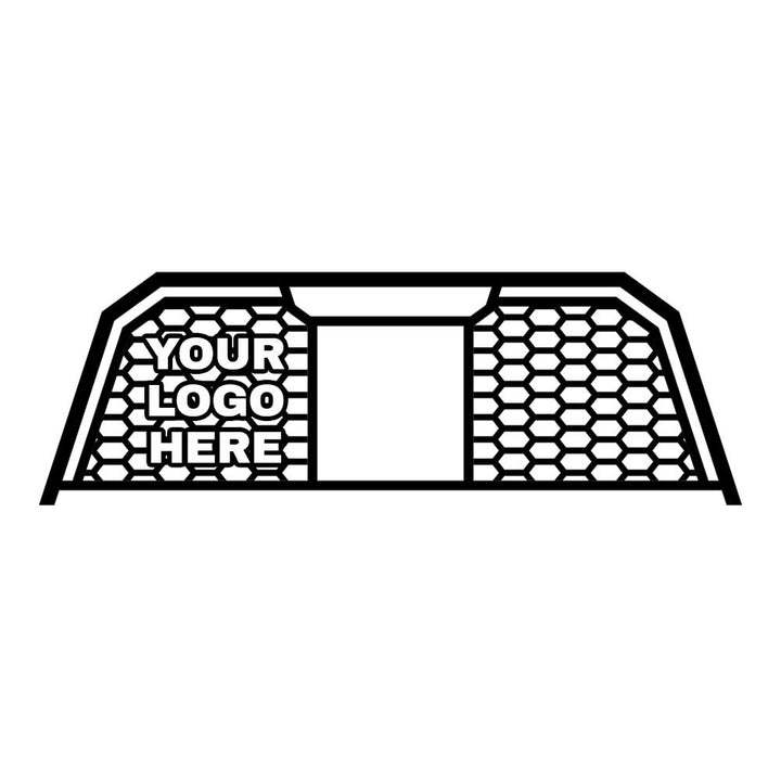Custom logo headache rack with honeycomb pattern insert and window opening